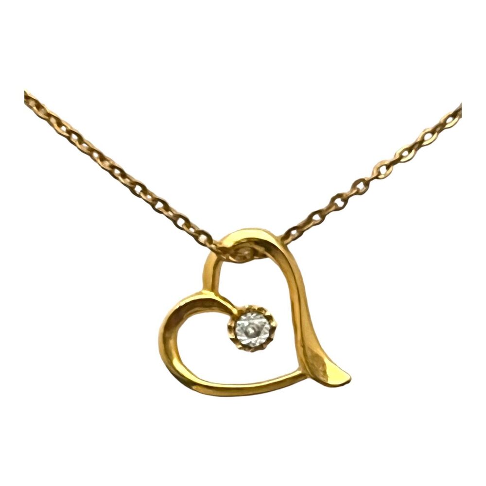 Vintage 1980s Heart Pendant Necklace Diamond Accent Gold Tone - 5H